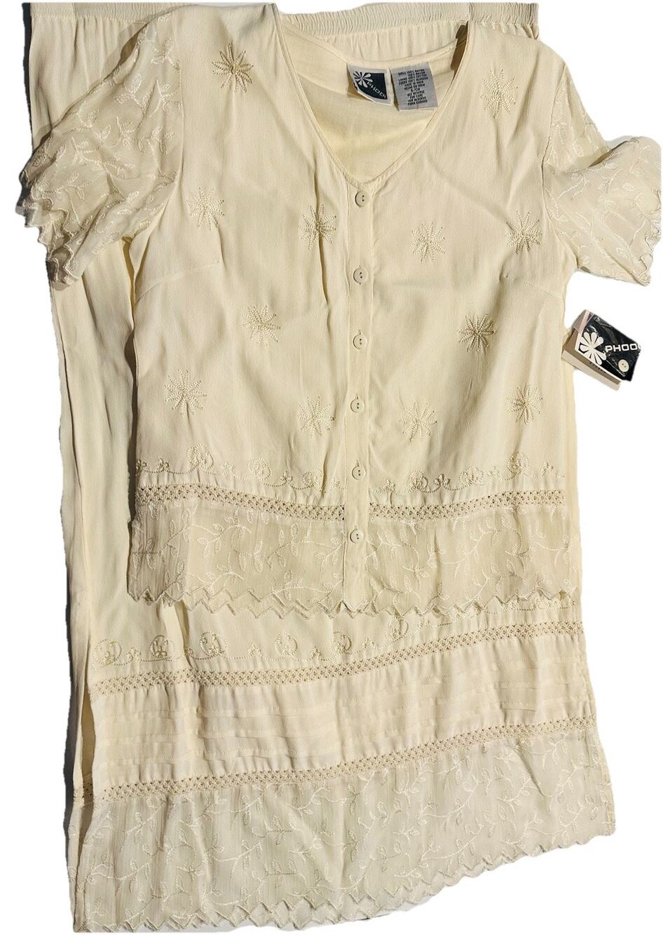 Phool Long Casual Skirt V-Neck Button Down Shirt Embroidered NWT Women's Small